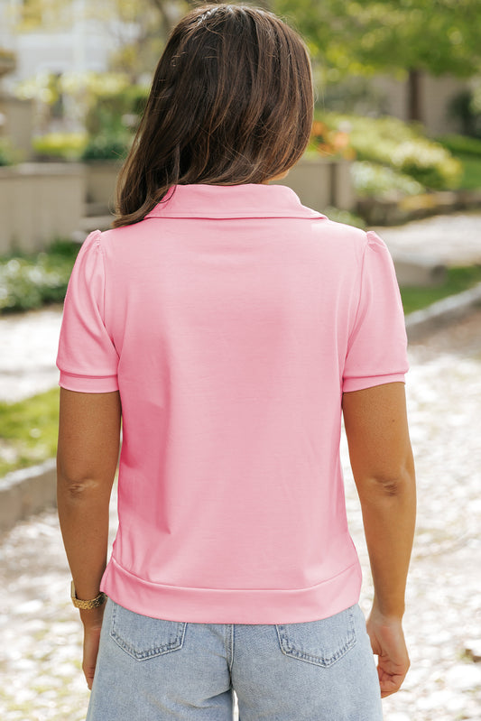 Pink Sequin Bow Knot Patched Collared V Neck T Shirt
