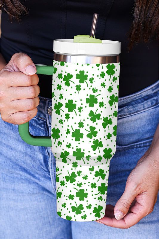 Dark Green Clover Print Thermos Cup with Handle 40oz