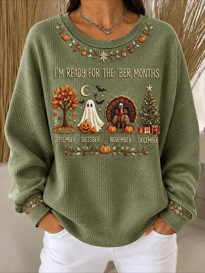 Halloween Printed Crew Neck Floral Long Sleeve Sweater Hoodie