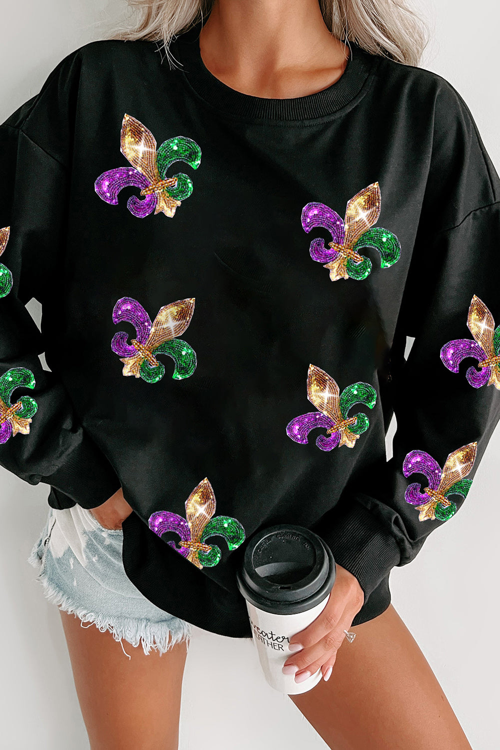 Black Sequin Mardi Gras Graphic Pullover Sweatshirt