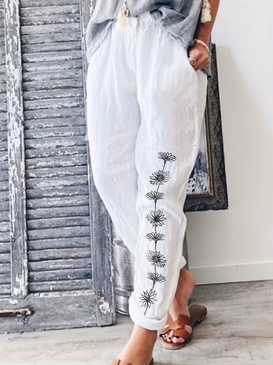 Boho Dragonfly Print Pants, Vintage High Waist Long Length Summer Pants