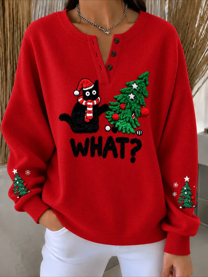 What?” Christmas Cat Textured-Knit Henley Sweatshirt
