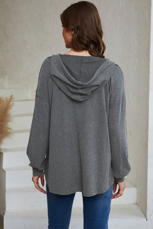 Gray Buttoned High and Low Hem Hoodie
