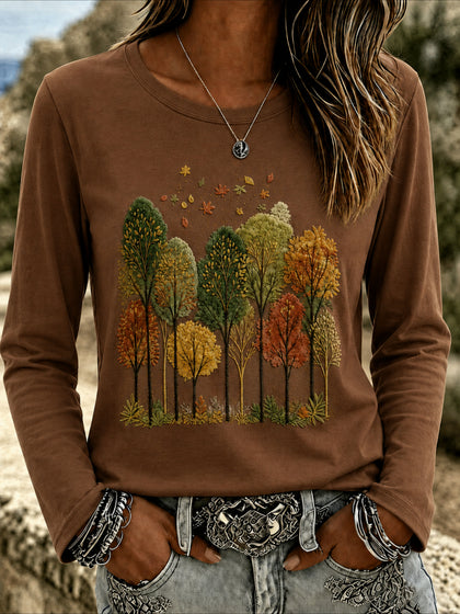 Leaf Printing Jersey Crew Neck Long Sleeve T-shirt