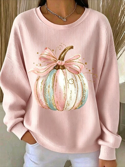 Pumpkins Halloween Printed Crew Neck Floral Long Sleeve Sweater Hoodie