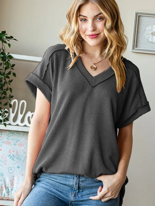 Striped jacquard knit loose-fitting V-neck short sleeve T-shirt