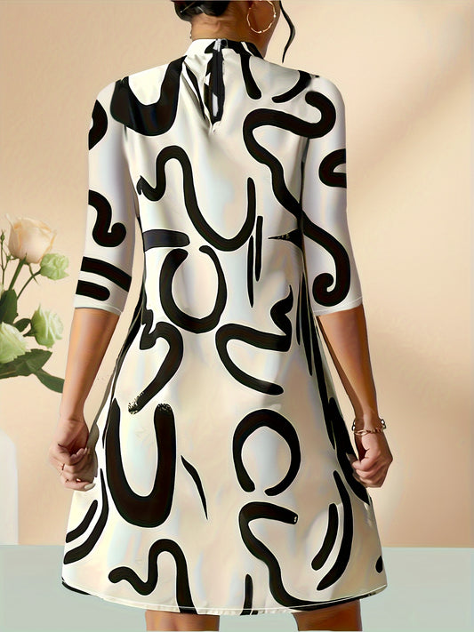 Abstract Print 3/4 Sleeve Dress, Casual Mock Neck Simple Dress