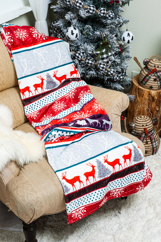 Red Christmas Elk Print Reversible Sherpa Fleece Blanket
