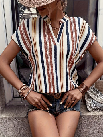 Striped Print Notched Neck Blouse, Casual Short Sleeve Blouse