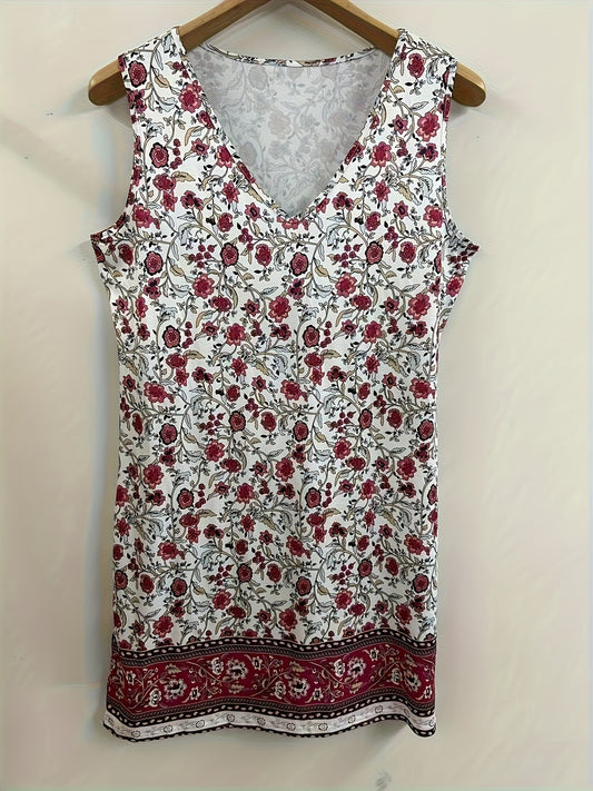 Floral Print Tank Dress, Casual V Neck Sleeveless Dress