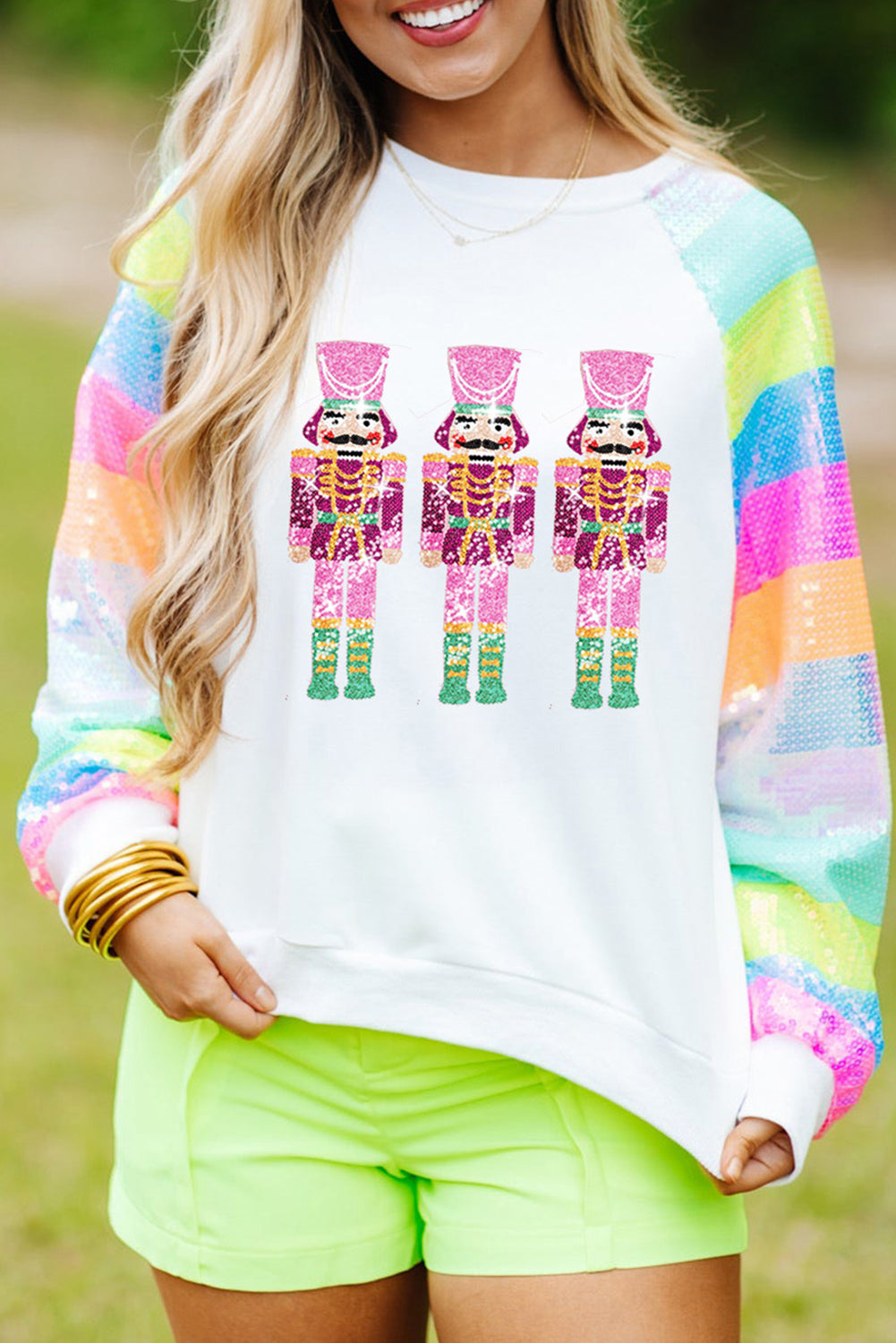 White Sequin Colorblock Sleeve Nutcracker Graphic Sweatshirt