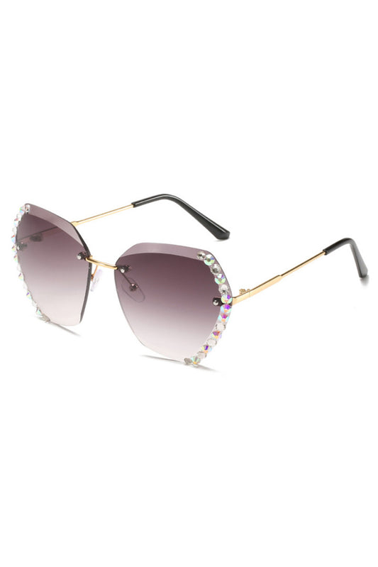 Gray Rhinestone Trim Rimless Sunglasses