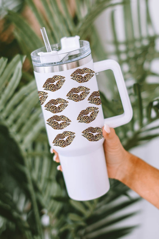 White Valentine Leopard Lips Print Thermos Cup with Straw 40oz