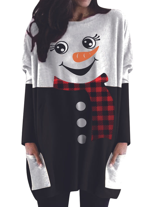 Christmas Cute Dress, Women's Snowman Print Long Sleeve Round Neck Tee Dress With Pockets