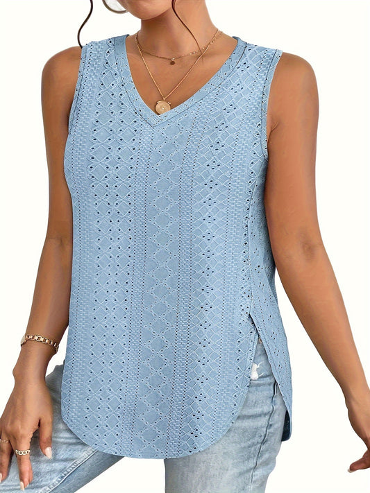 Plus Size Solid Eyelet Slit Tank Top, Casual V Neck Sleeveless Top