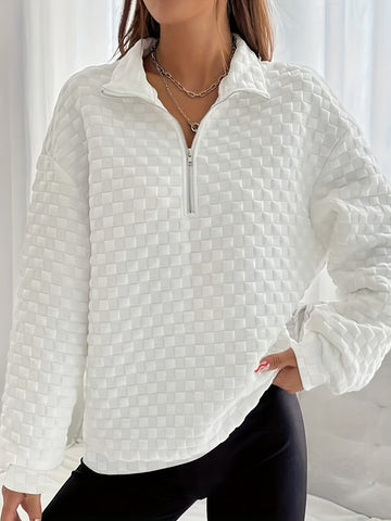 Solid Textured Zipper Sweatshirt, Casual Long Sleeve Drop Shoulder Sweatshirt