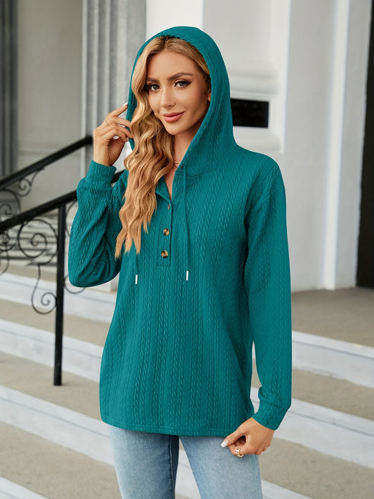 Solid Textured Button Up Long Sleeve Drawstring Hoodie