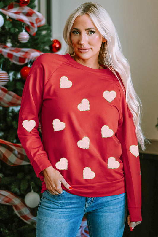 Red Heart Shaped Glitter Chenille Patched Pullover Sweatshirt