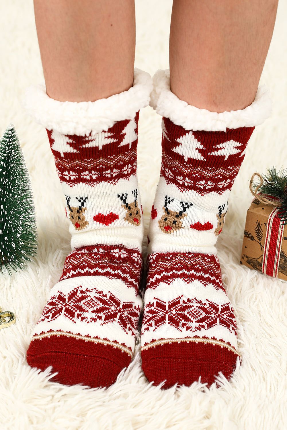 Fiery Red Cartoon Santa Claus Christmas Fleece Socks