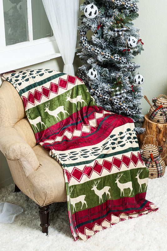 Christmas Elk Print Reversible Sherpa Fleece Blanket 130*150cm