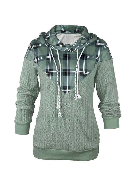 Plaid Print Paneled Drawstring Hoodie, Casual Long Sleeve Hooded Sweatshirt