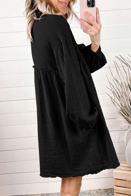 Black Patchwork Crinkle Puff Sleeve Shirt Dress