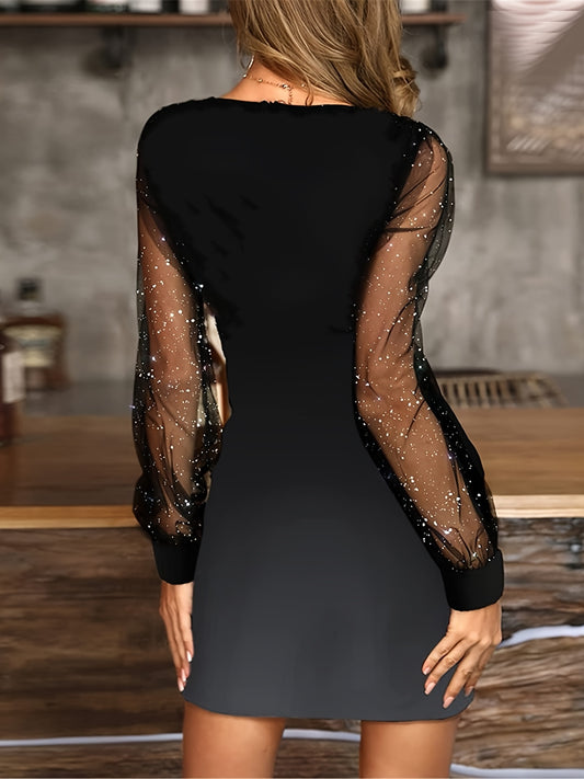 Solid Rhinestone V Neck Stitching Lace Dress, Casual Long Sleeve Loose Stylish Mini Dress