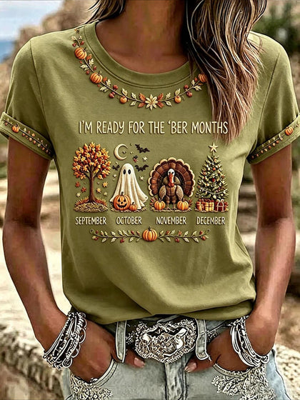100% Cotton Casual Green Maple Leaf Printing Crew Neck Short Sleeve T-shirt