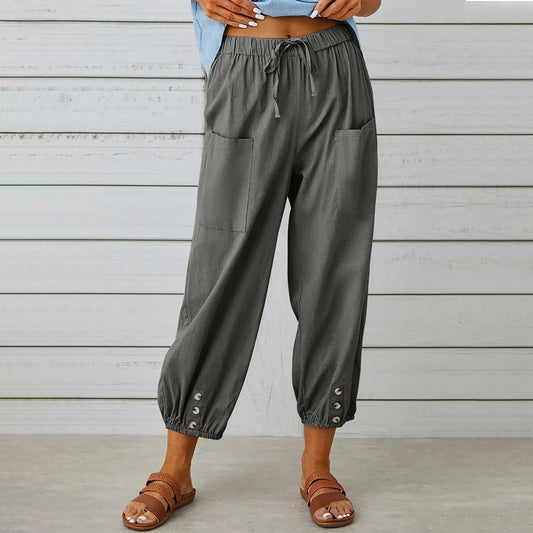 Cotton Linen Pockets Solid Loose Casual Long Trousers