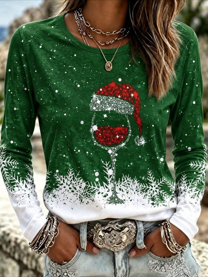 Vintage Christmas Wine Glass Snowflake Crew Neck Long Sleeve T-shirt