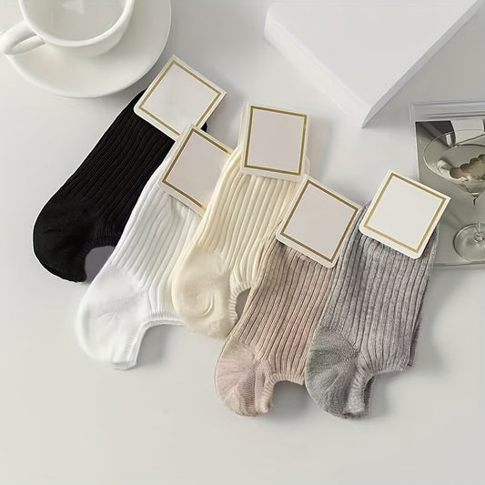 5 Pairs Solid Ribbed Socks, Casual & Comfy All-match Ankle Socks