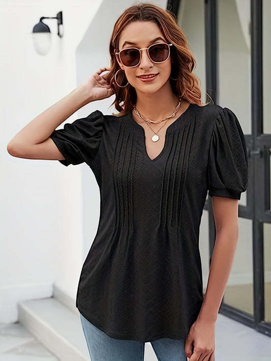 Women's Casual V-Neck Puff Sleeve T-Shirt - Soft and Comfortable Solid Tee