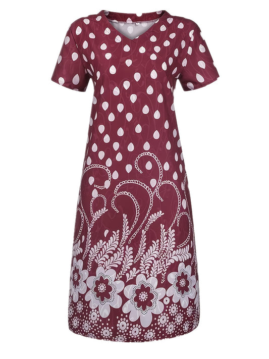 Retro Print Loose Long Dress, Short Sleeve V-neck Waist Summer Dresses