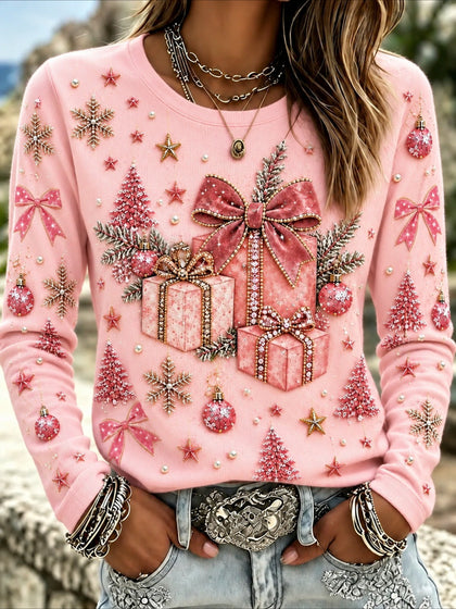 Printed Christmas Crew Neck Long Sleeve Casual Regular T-shirt