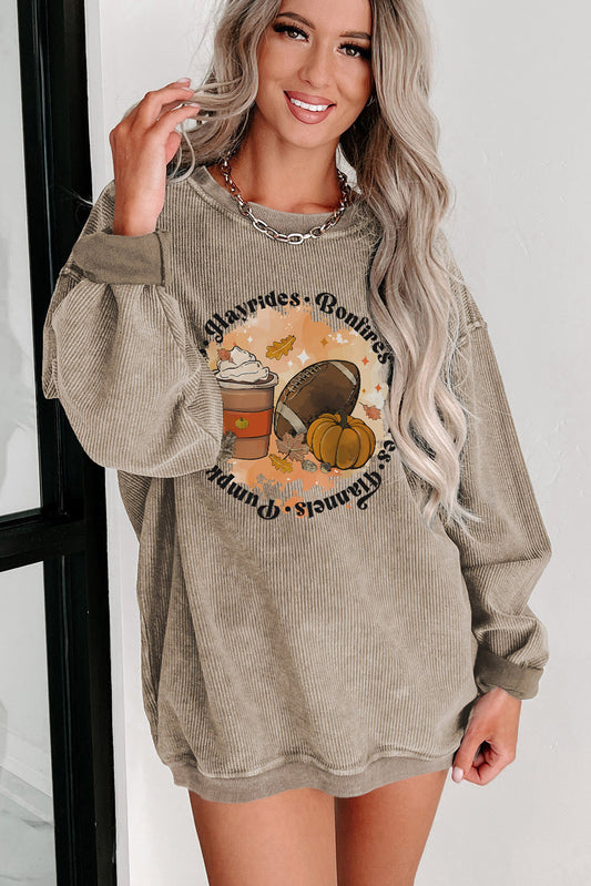 Khaki Oversized Autumn Vibe Graphic Corded Sweatshirt