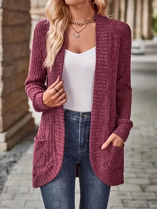Solid Open Front Cardigan, Casual Long Sleeve Drop Shoulder Outwear