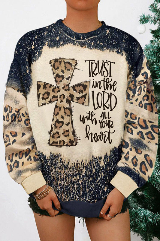 Black Faith Cross Leopard Insert Bleached Sweatshirt