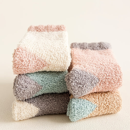 5 pairs Color Block Warm & Fuzzy Socks, Crew Length Warm Coral Fleece Socks