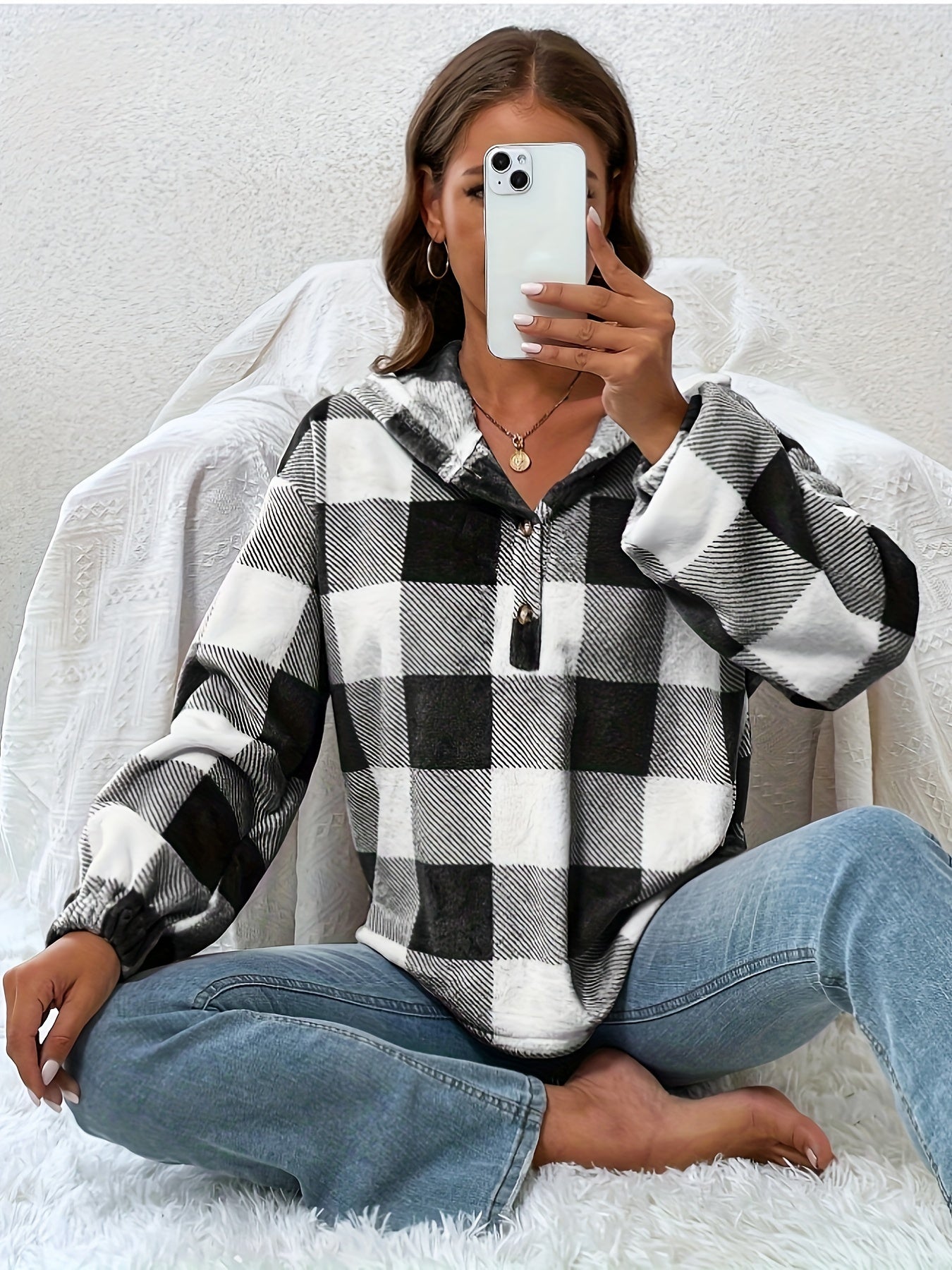 Plaid Print Simple Hoodies, Casual Drop Shoulder Long Sleeve Sweatshirt