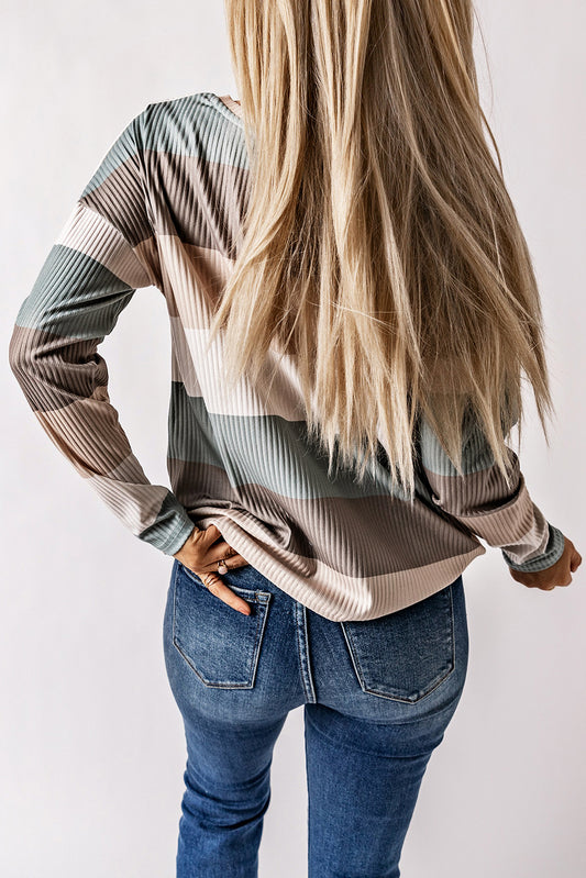 Green Color Block Ribbed Long Sleeve Top with Pocket