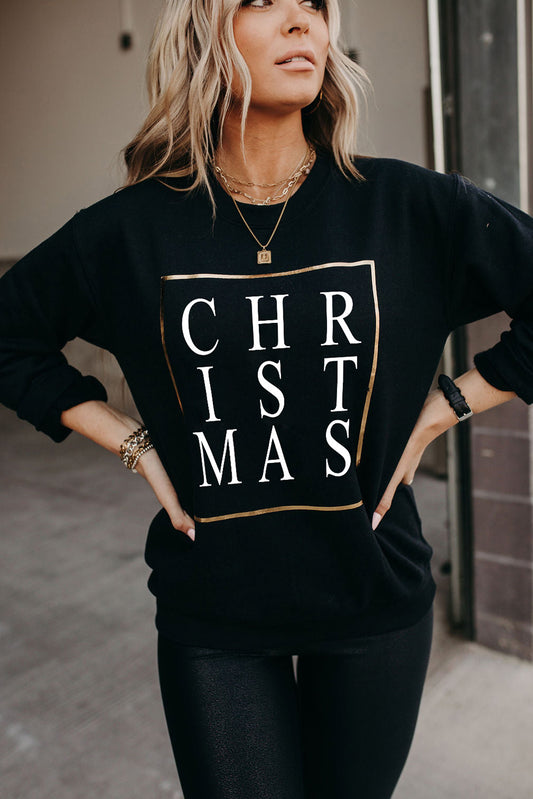 Black CHRISTMAS Glitter Print Crew Neck Sweatshirt