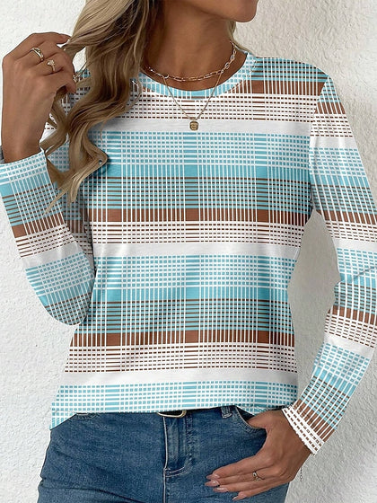 Crew Neck Long Sleeve Tunic Graphic Plaid Stylish Modern Casual Regular T-shirt