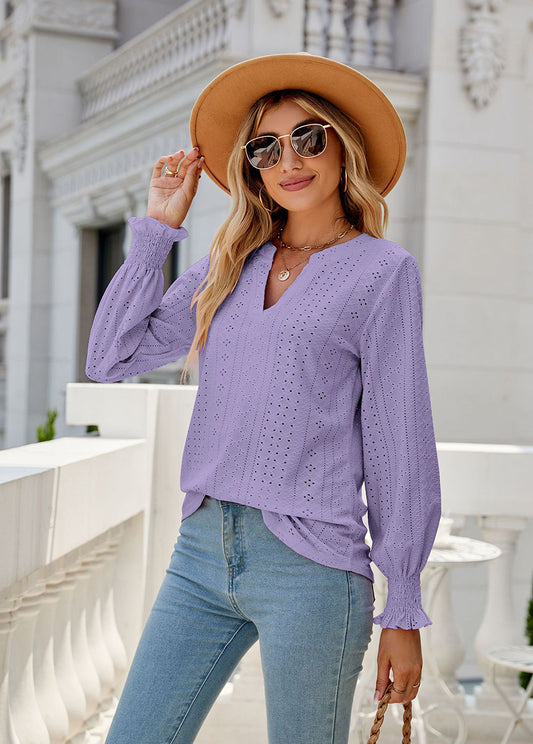 Solid Color Hollow Pleated Ruffle Sleeve V-Neck Loose Long Sleeve Top