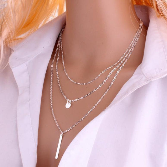 Copper Bead Chain Sequin Metal Strip Multi-layer Necklace