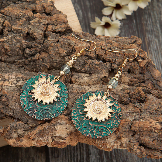 Vintage Bohemian Colored Double Layer Sunflower Pattern Earrings