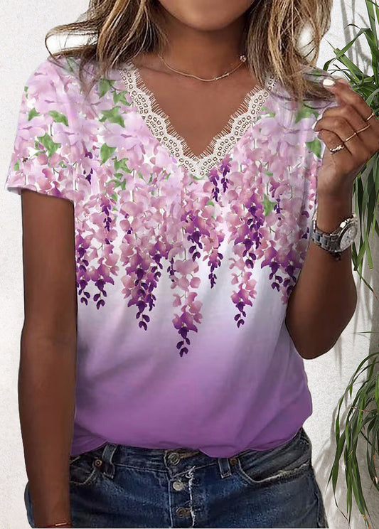 Printed V-neck Lace Hem Short Sleeve T-shirt