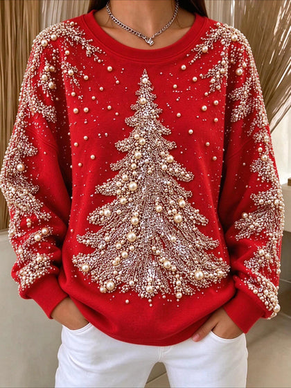 Christmas Tree Printed Crew Neck Long Sleeve Sweater Hoodie