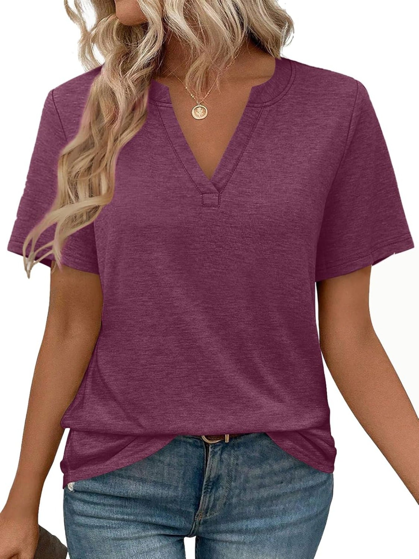 Solid Color Short Sleeve V Neck T Shirt