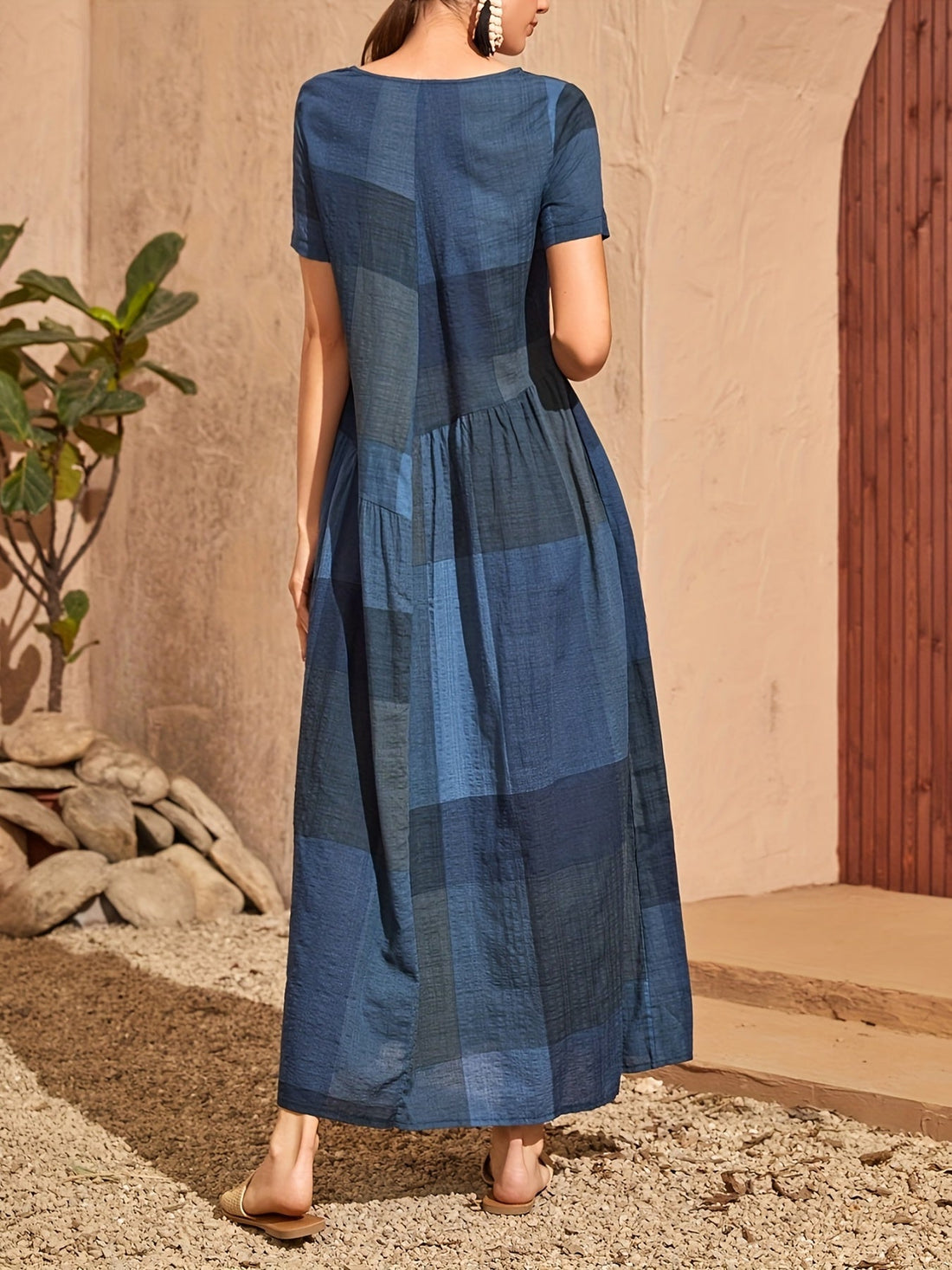 Loose Color Block Dress, Crew Neck Short Sleeve Vacation Dress, Casual Every Day Dress