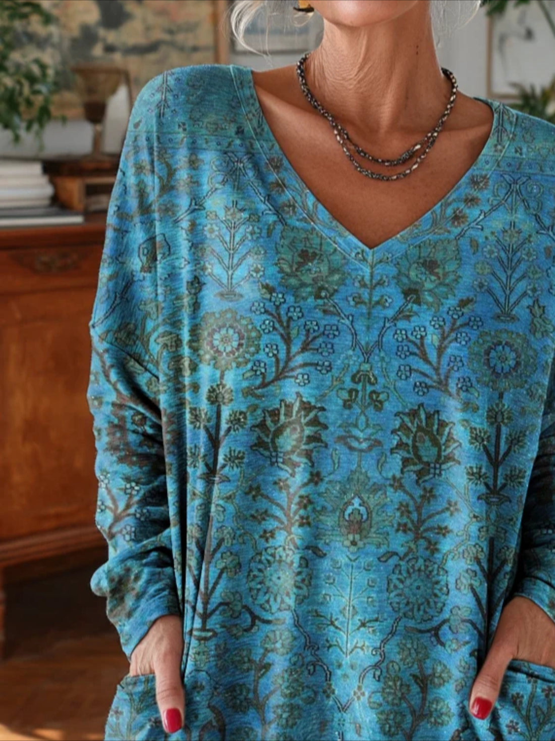 Long Sleeve Spring/Fall Floral Printing V Neck Daily Going Out Vintage Top
